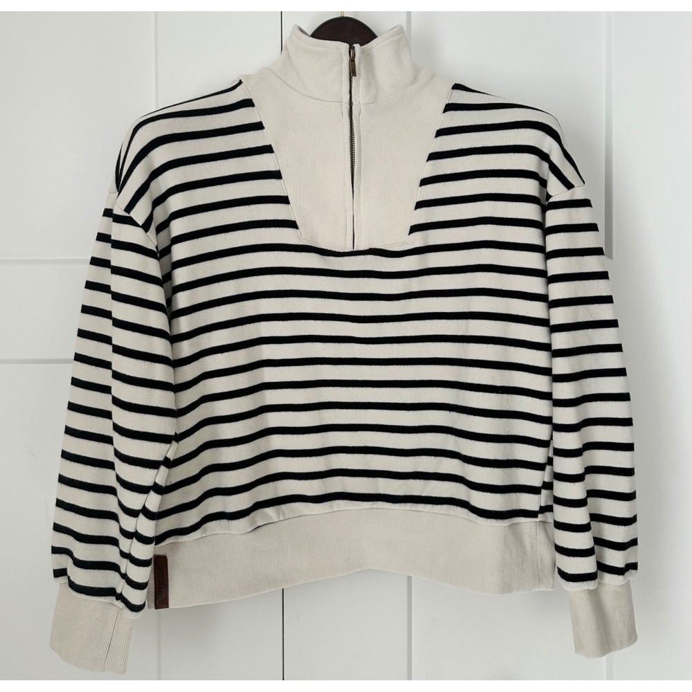 Ampersand Avenue Striped Quarter Zip Pullover Sweatshirt Cream Navy XL